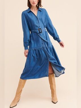 Just Female Tiered Chambray Midi Dress - Denim Shirt Midi Dress with Belt - Blue